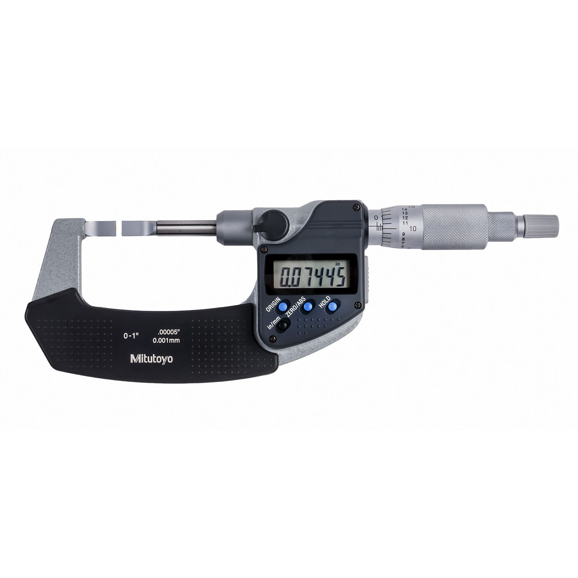 Mitutoyo Digimatic Blade Micrometer - Type A, 0-1in., 0.00005in./0.001mm Resolution, 0.75mm Blade Thickness, Non-Rotating Spindle, Model# 422-330-30